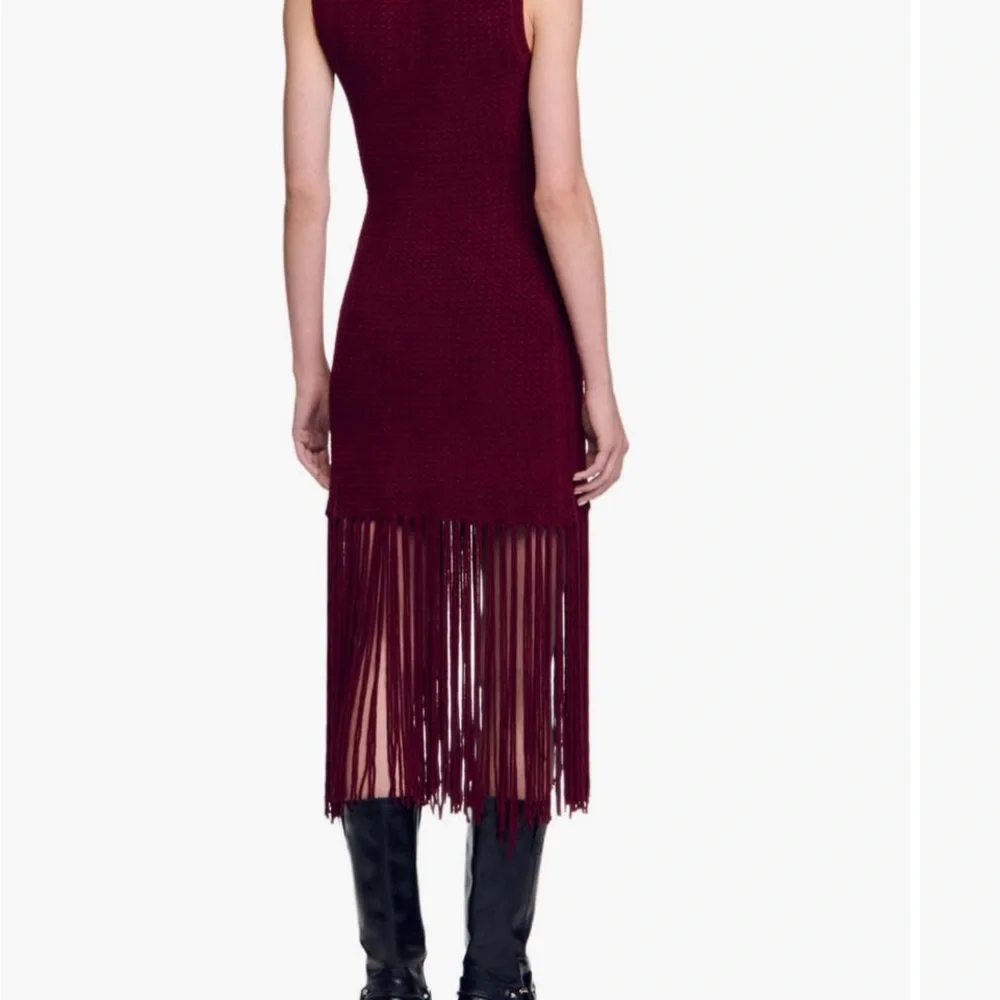 Sandro Burgundy Knit Fringe Midi Dress - Picture 2 of 7